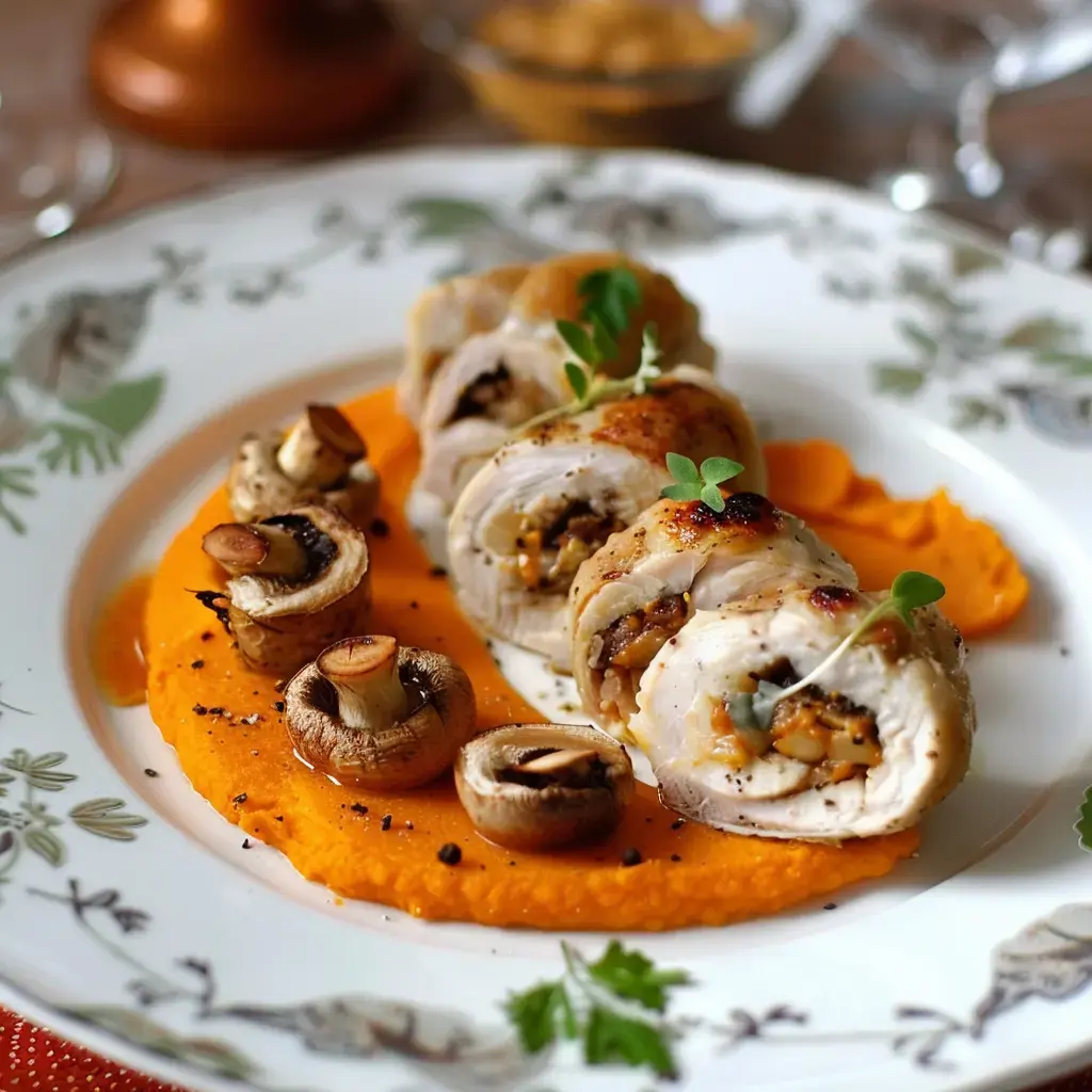 Un repas raffiné avec roulés de dinde farcis, purée épicée et légumes savoureux.