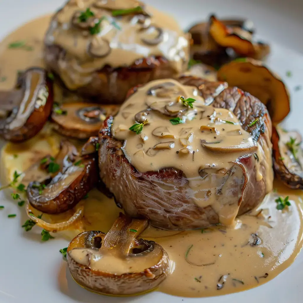 Médaillons de filet mignon nappés de sauce crémeuse aux champignons, accompagnés de morceaux de champignons et herbes fraîches.