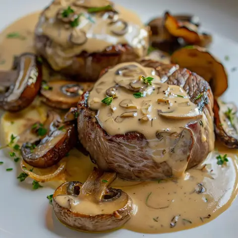 Médaillons de filet mignon nappés de sauce crémeuse aux champignons, accompagnés de morceaux de champignons et herbes fraîches.