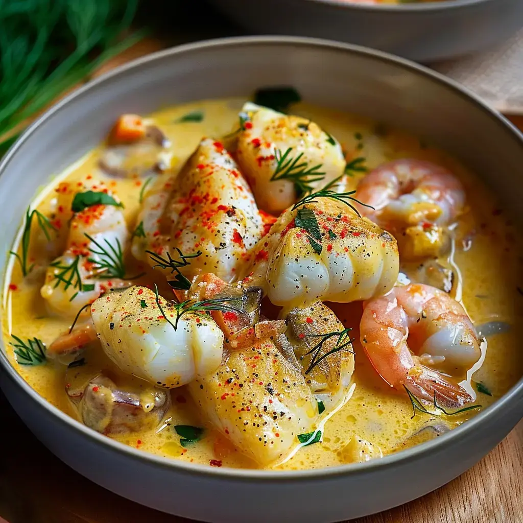 Un dîner élégant aux arômes de curry avec des morceaux de poisson et des crevettes nappés de sauce crémeuse et des herbes.