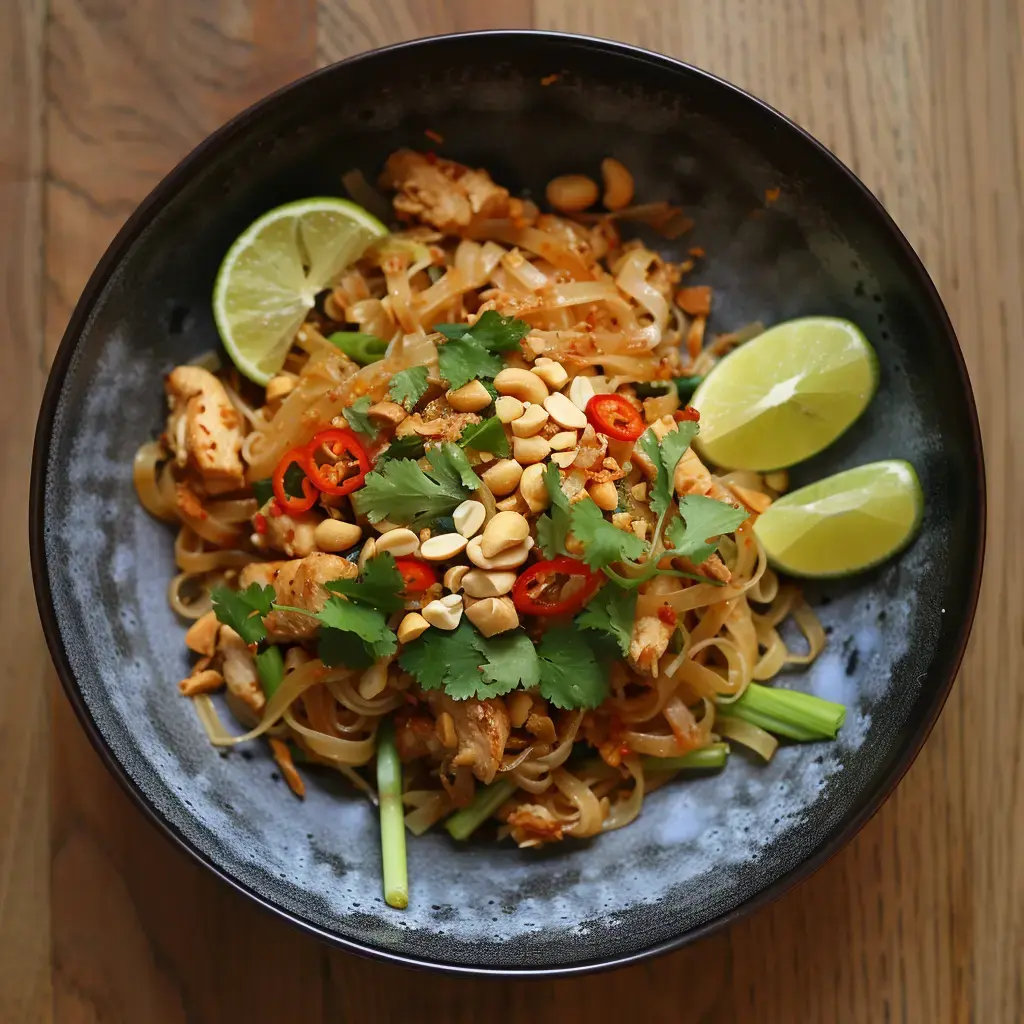 Un bol de nouilles sautées au poulet avec des cacahuètes, du piment, de la coriandre et des quartiers de citron vert.