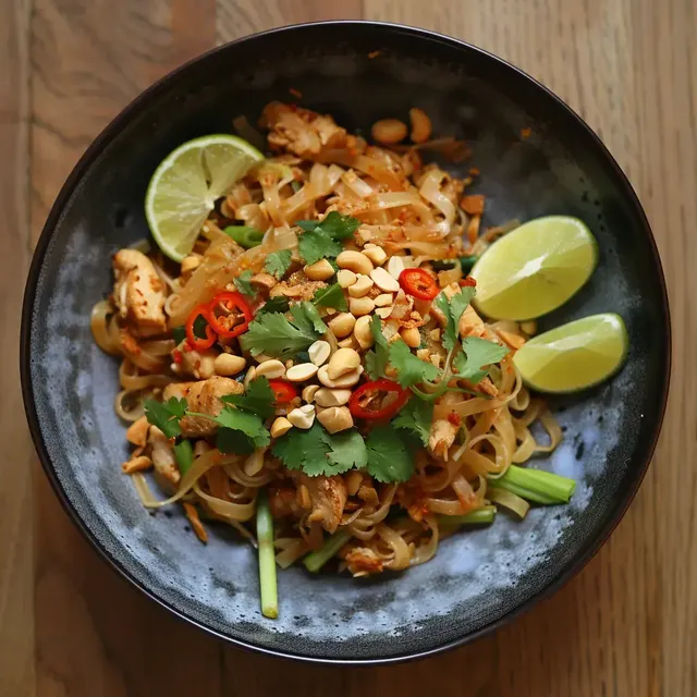Un bol de nouilles sautées au poulet avec des cacahuètes, du piment, de la coriandre et des quartiers de citron vert.