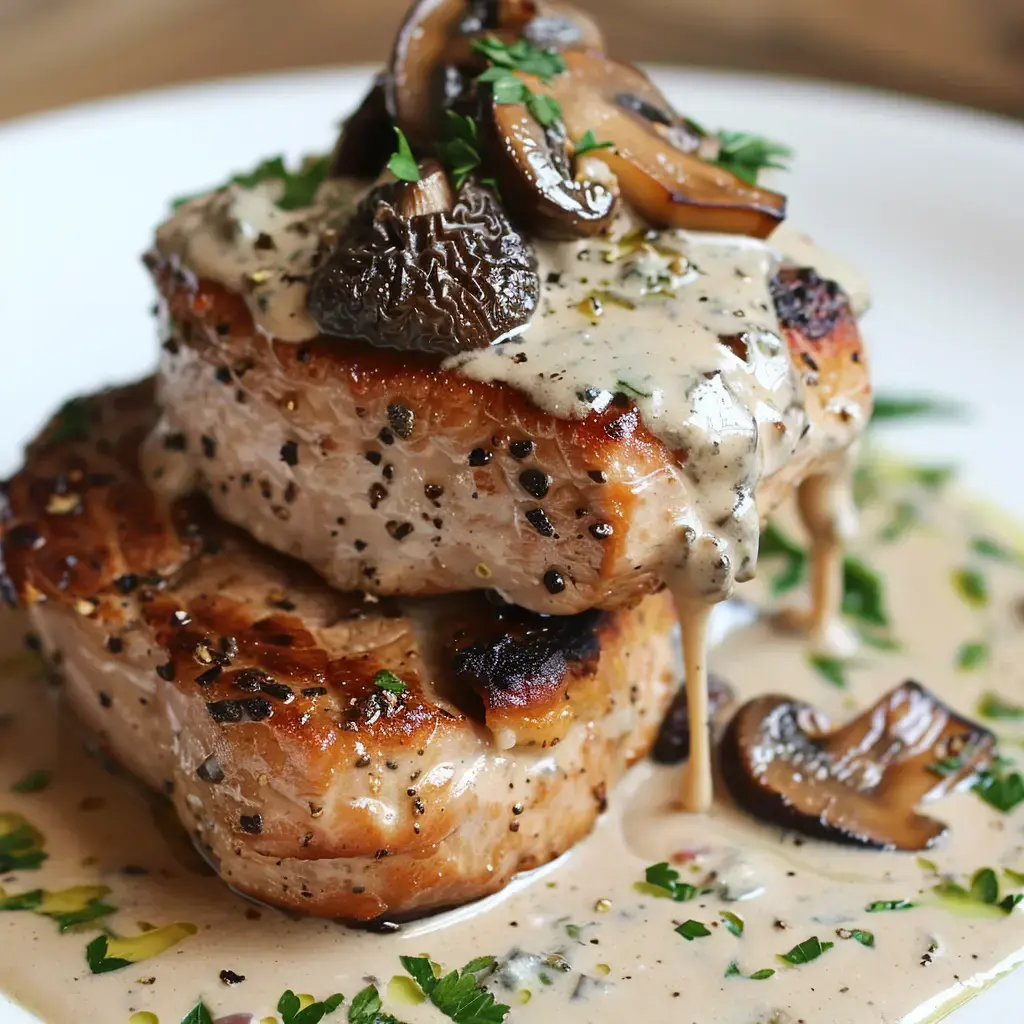 Deux morceaux de porc tendre nappés de sauce crémeuse et couronnés de persil frais.