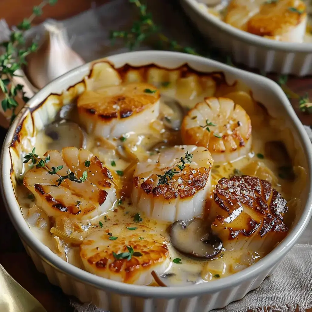 Cassolettes gratinées de Saint-Jacques avec une sauce crémeuse et des champignons, décorées de thym.