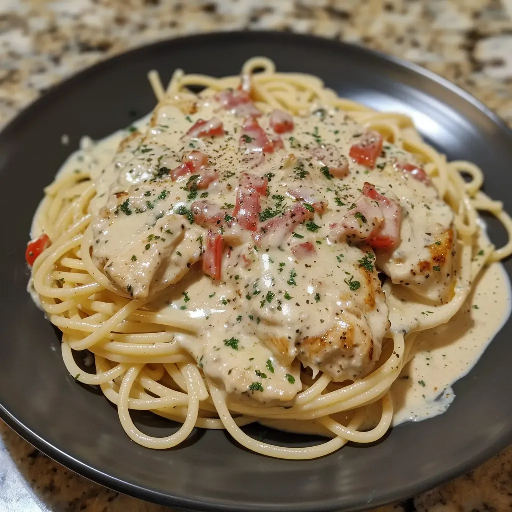 Spaghetti avec poulet croustillant, sauce parmesane, décoré de tomates et herbes, servi dans une assiette noire.