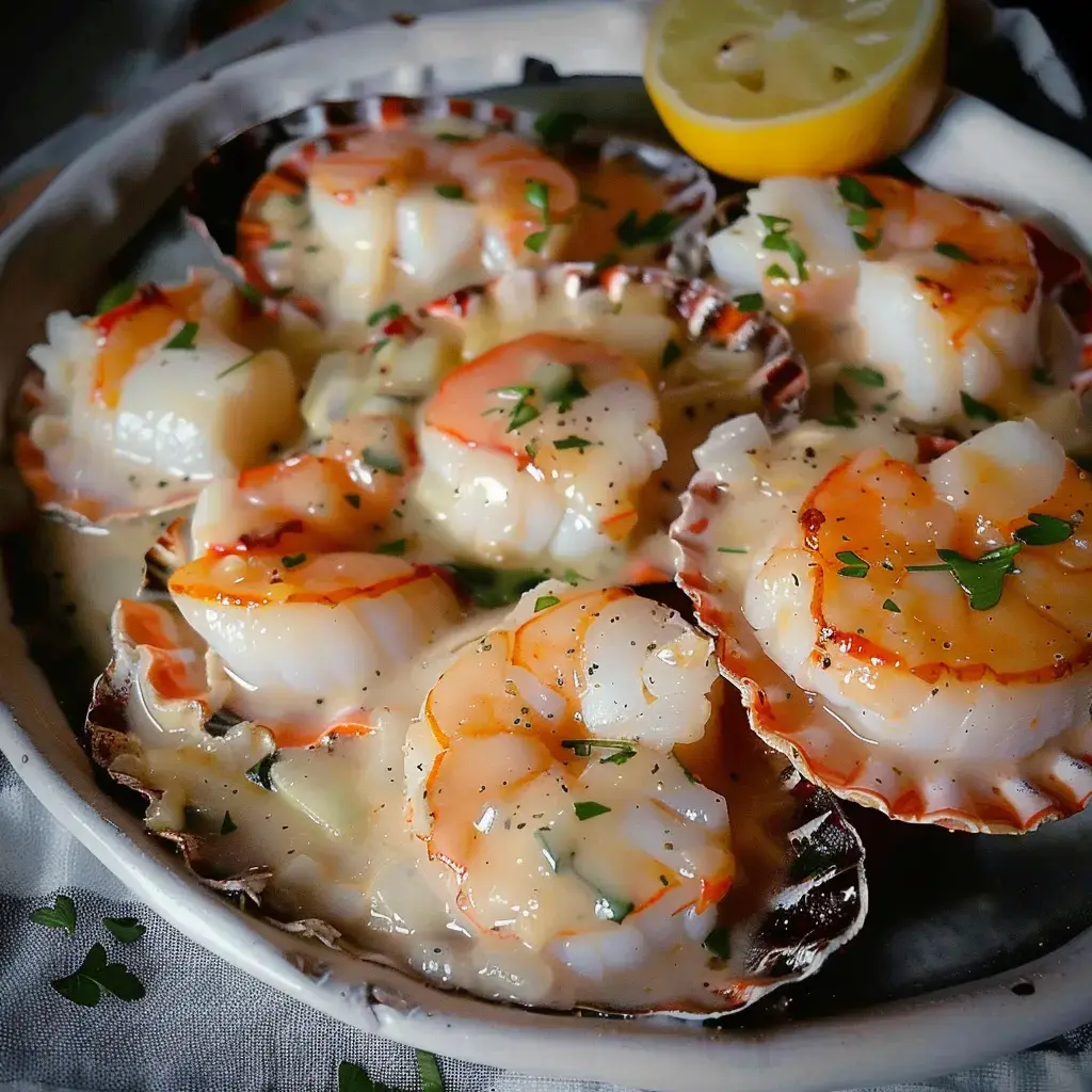 Plateau de coquilles Saint-Jacques garnies, citron et sauce crémeuse.