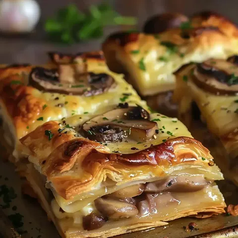 Une pâte dorée renfermant des champignons crémeux et du fromage, garnie de quelques herbes fraîches.