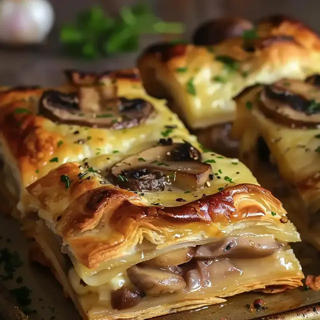 Une pâte dorée renfermant des champignons crémeux et du fromage, garnie de quelques herbes fraîches.