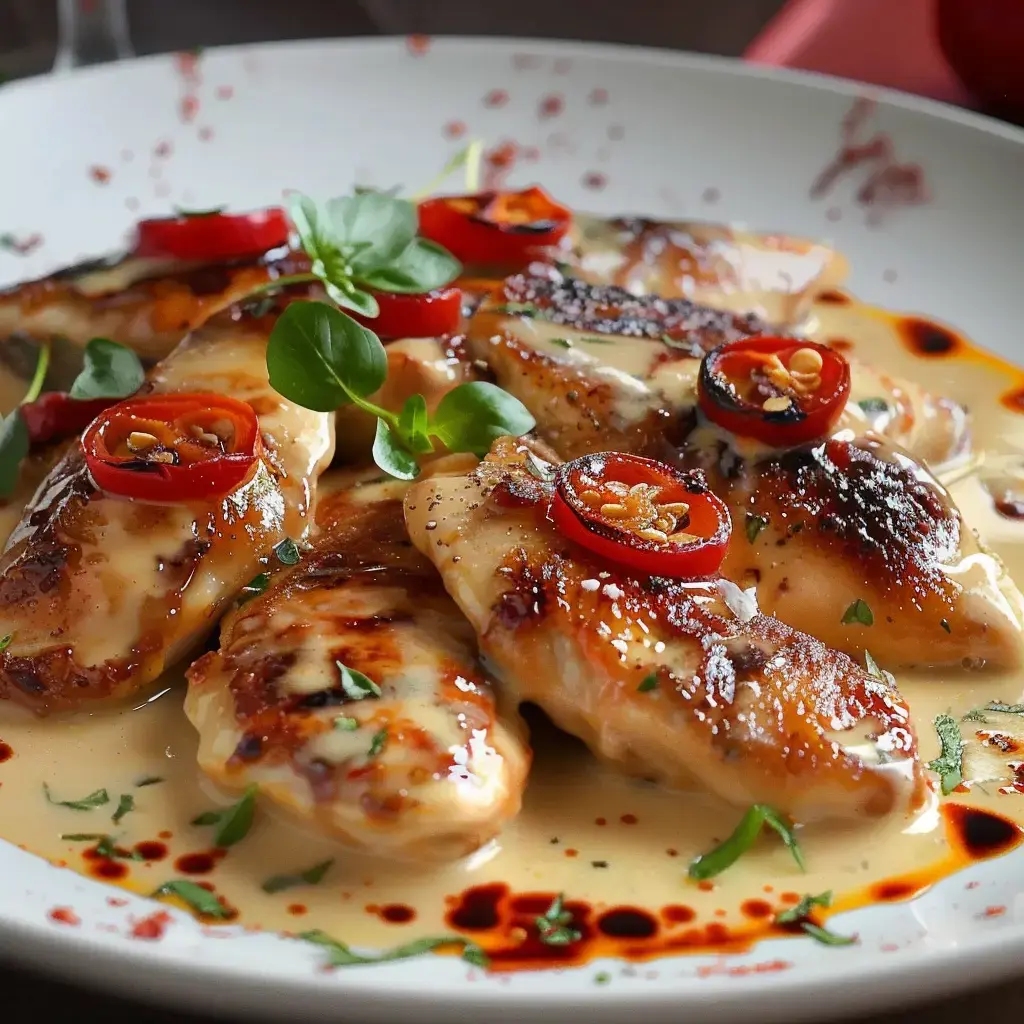 Filets de poulet tendres avec une sauce douce et crémeuse, garnis de rondelles de piments rouges et d'herbes fraîches.
