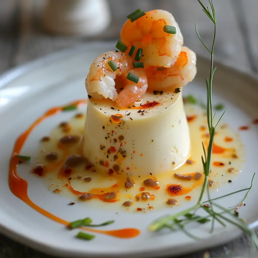 Assiette élégante avec panna cotta décorée de crevettes et d'un filet de sauce.