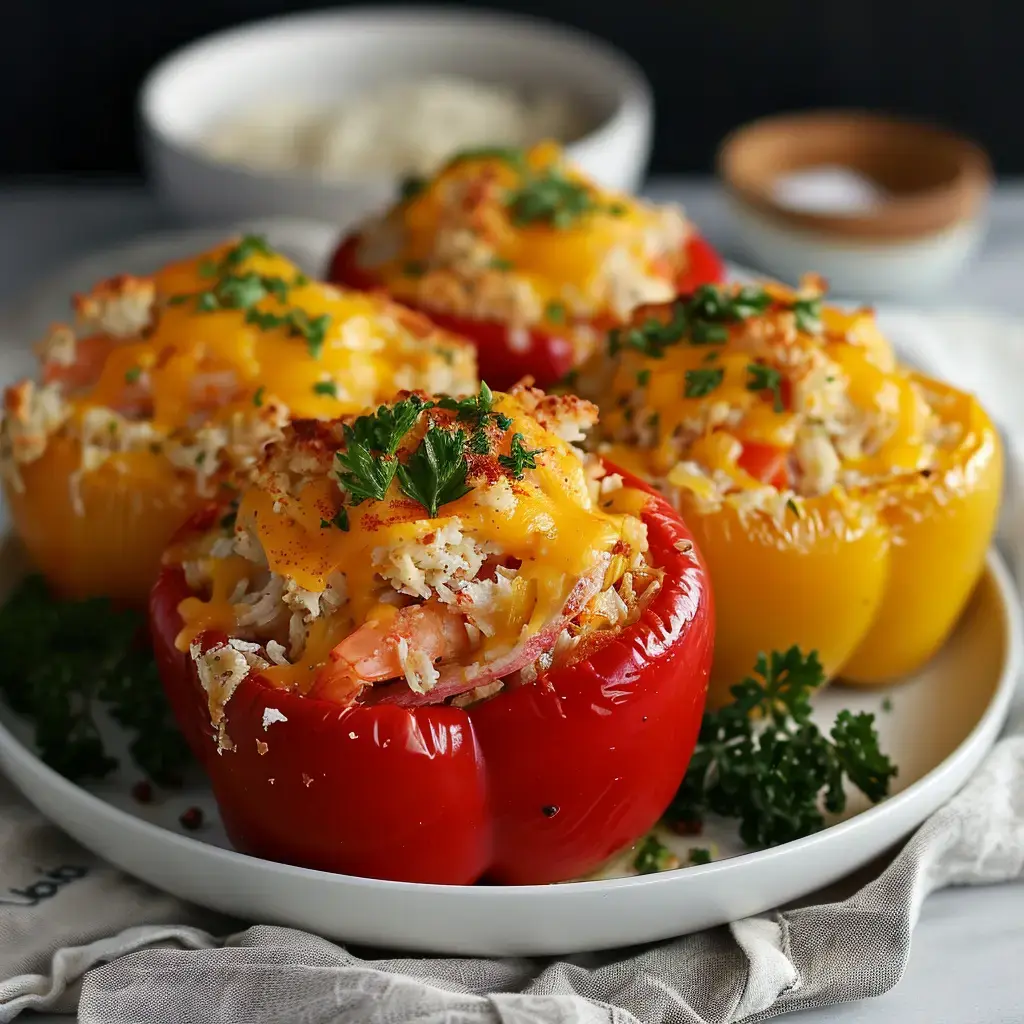 Poivrons garnis d'une farce marine et gratinés avec du fromage, servis avec des herbes fraîches sur une assiette.