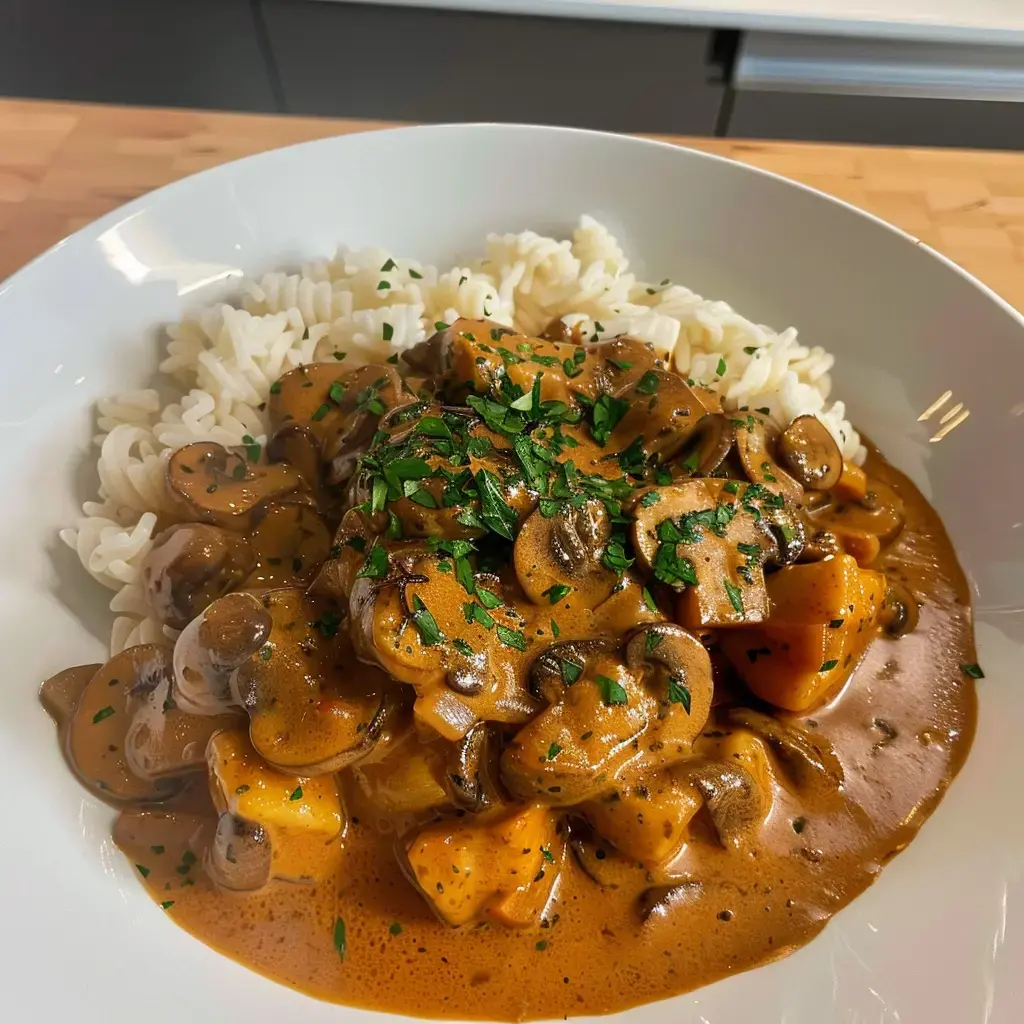 Assiette de pâtes nappées d'une sauce crémeuse aux champignons, parsemée de persil frais.