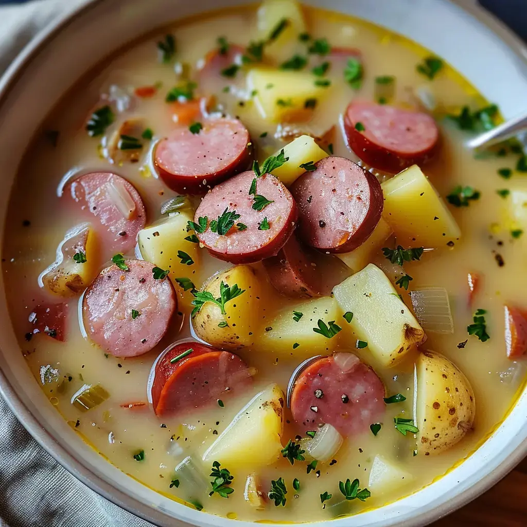 Bol de soupe crémeuse avec saucisses, pommes de terre et herbes fraîches.