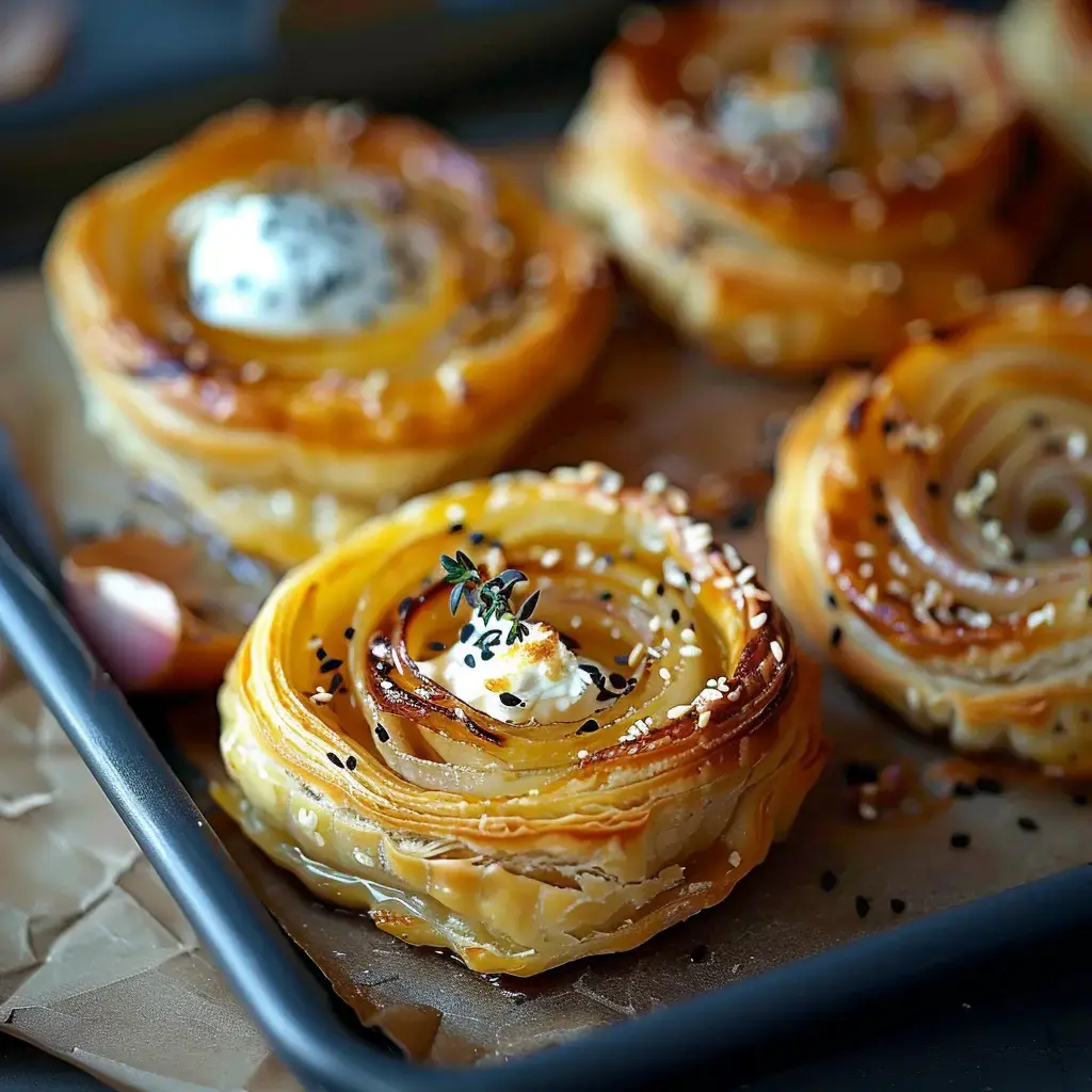 Pâte croustillante garnie d'oignons fondants, fromage et graines de sésame, placée sur un plateau.