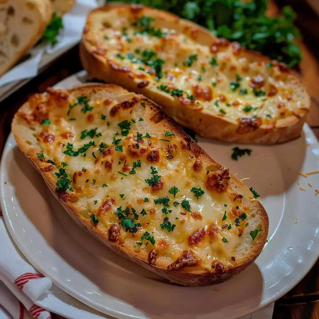 Des tranches de pain dorées, recouvertes de fromage fondant et parsemées de persil frais, servies sur une assiette élégante.