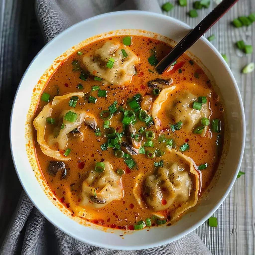 Bol de soupe savoureuse avec des raviolis, des oignons verts et des champignons dans un bouillon parfumé.