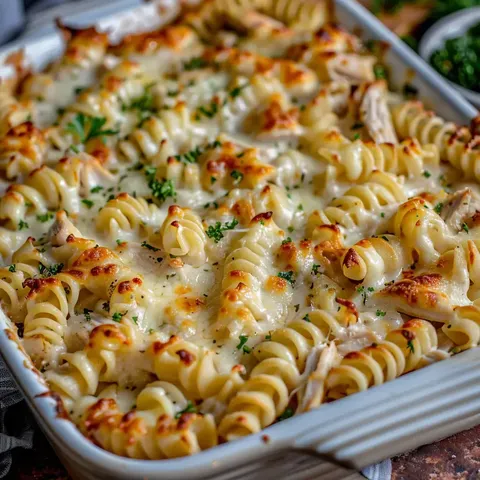 Un gratin bien chaud de pâtes avec fromage et persil frais.