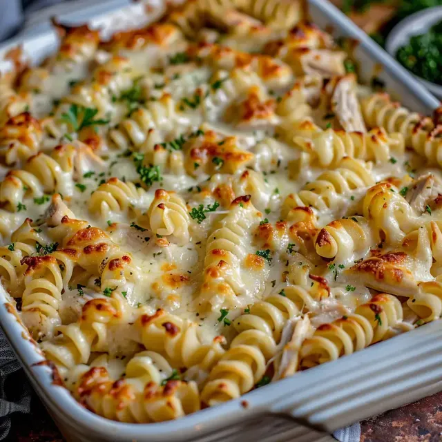 Un gratin bien chaud de pâtes avec fromage et persil frais.
