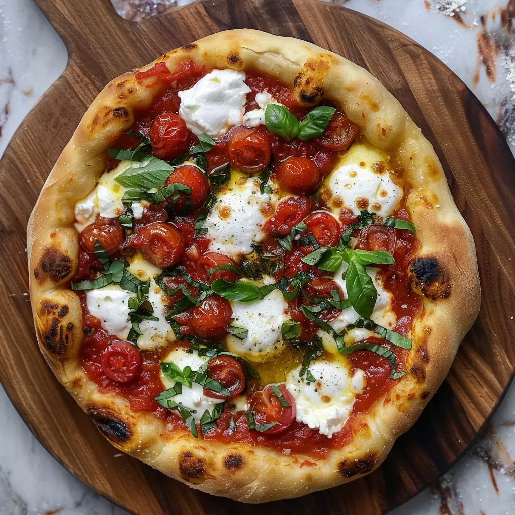 Pizza garnie de tomates juteuses, de burrata crémeuse, basilic frais et filet d'huile parfumée, servie sur bois.