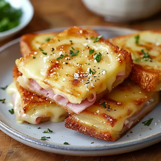 Des bouchées grillées au fromage et jambon, ornées de persil, sur une assiette appétissante.