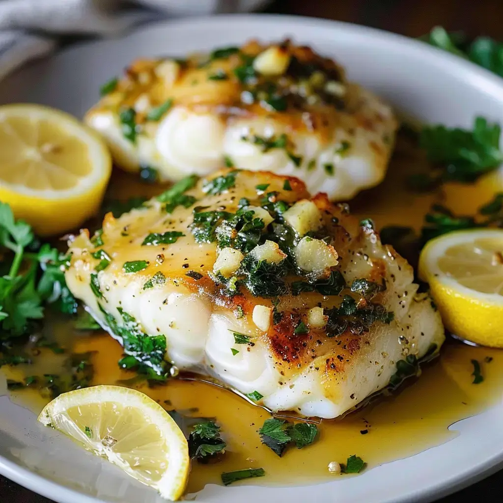 Filets de poisson cuits, agrémentés d'herbes fraîches et d'une rondelle de citron sur une assiette.