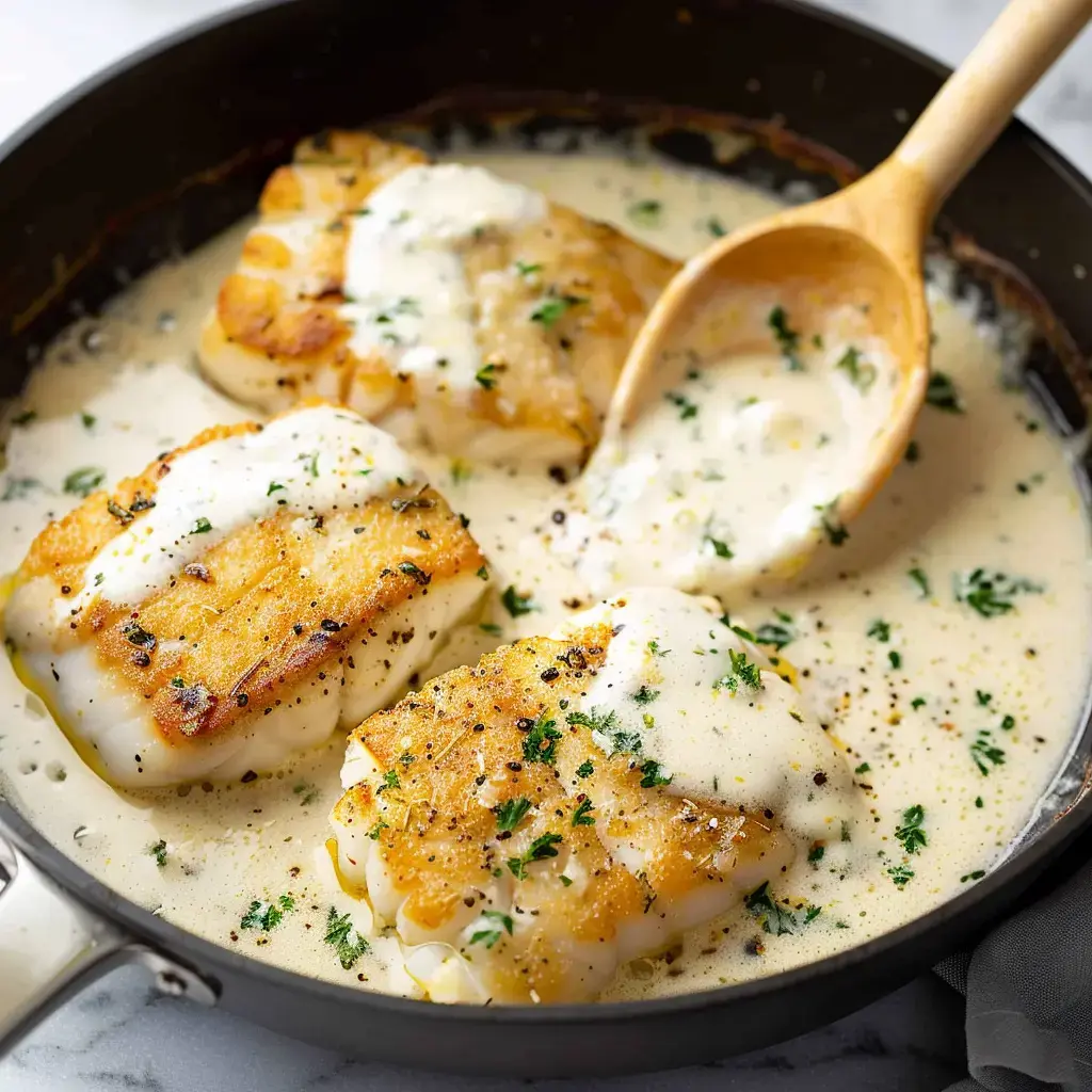 Morue dans sa sauce onctueuse au parmesan, décorée de persil, dans une poêle métal.