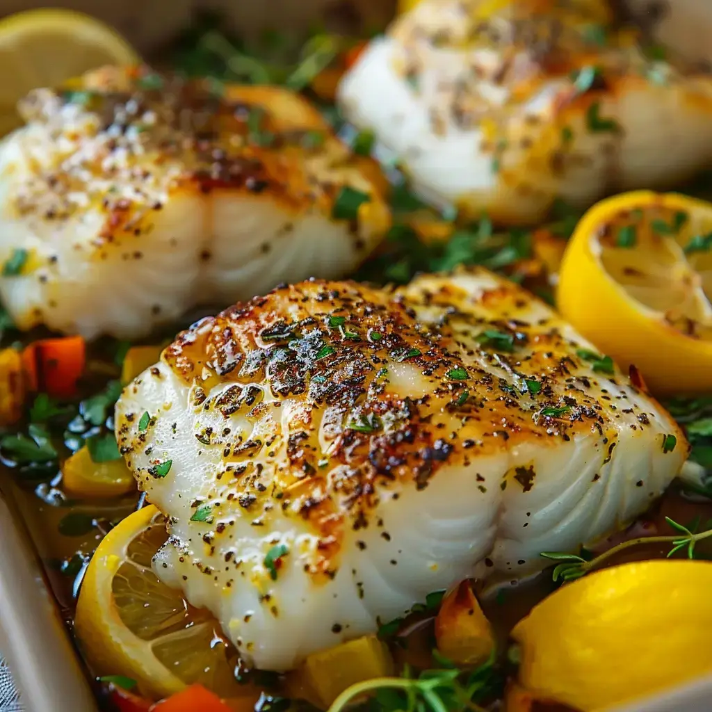 Filets de poisson cuits avec du citron, des épices et des légumes frais.