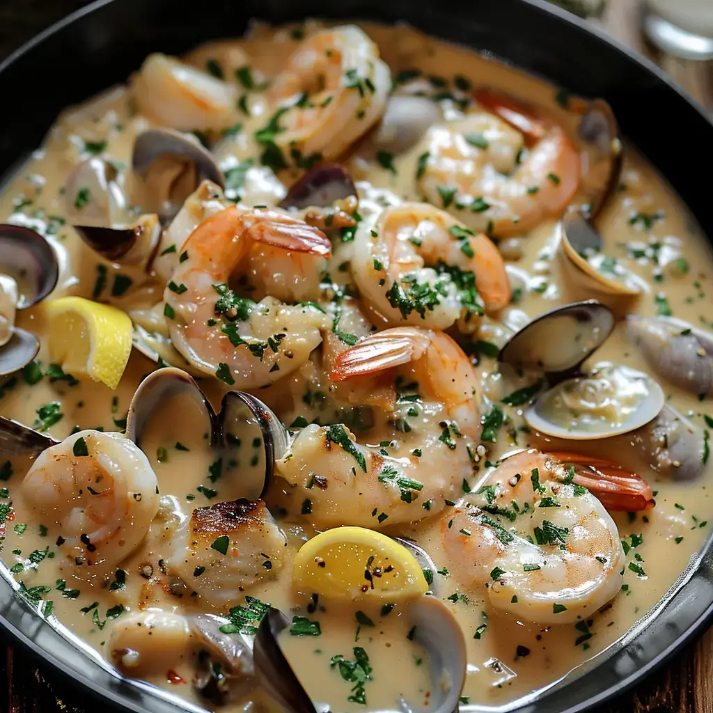 Des crevettes et moules dans une sauce riche, décorées de persil frais et de citron.