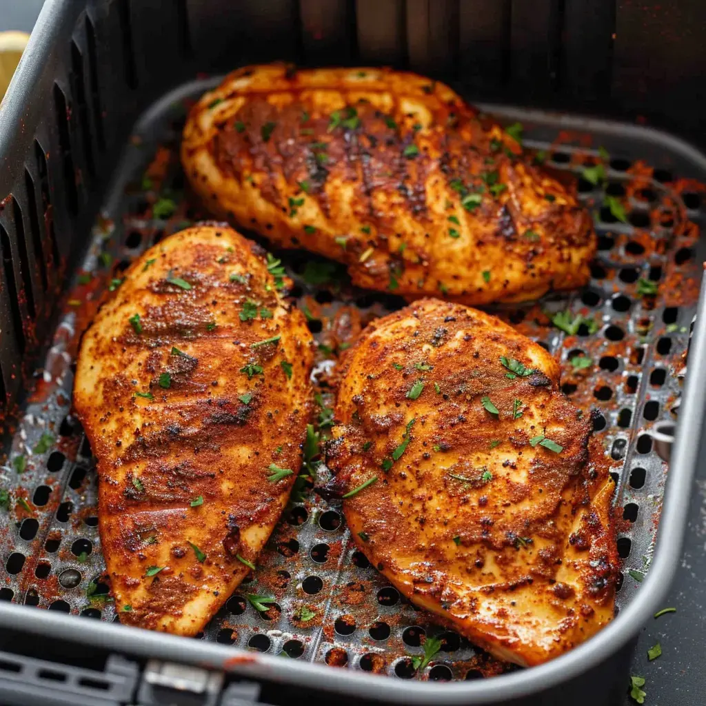 Filets de poulet bien dorés dans un panier Air Fryer, prêts à déguster.