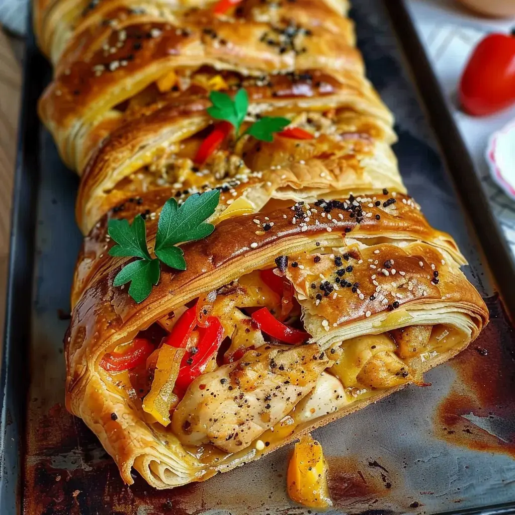 Délicieuse tresse feuilletée garnie de poulet juteux, poivrons colorés et une généreuse touche de fromage.