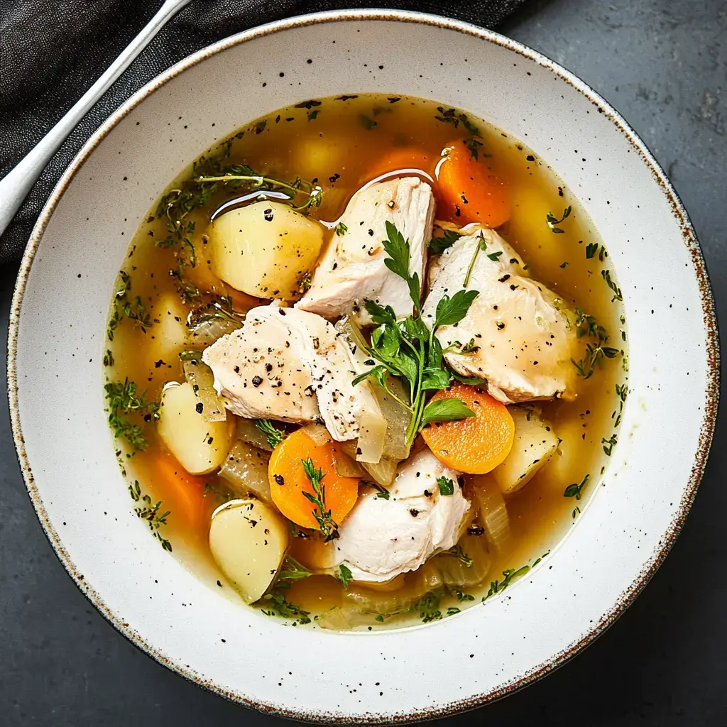 Bol fumant avec morceaux de poulet émincé, rondelles de carottes, morceaux de pommes de terre et herbes fraîches.