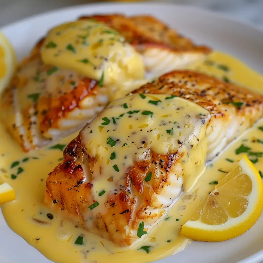 Morceaux de poisson recouverts d'une sauce crémeuse jaune, décorés de persil avec des quartiers de citron sur le côté.