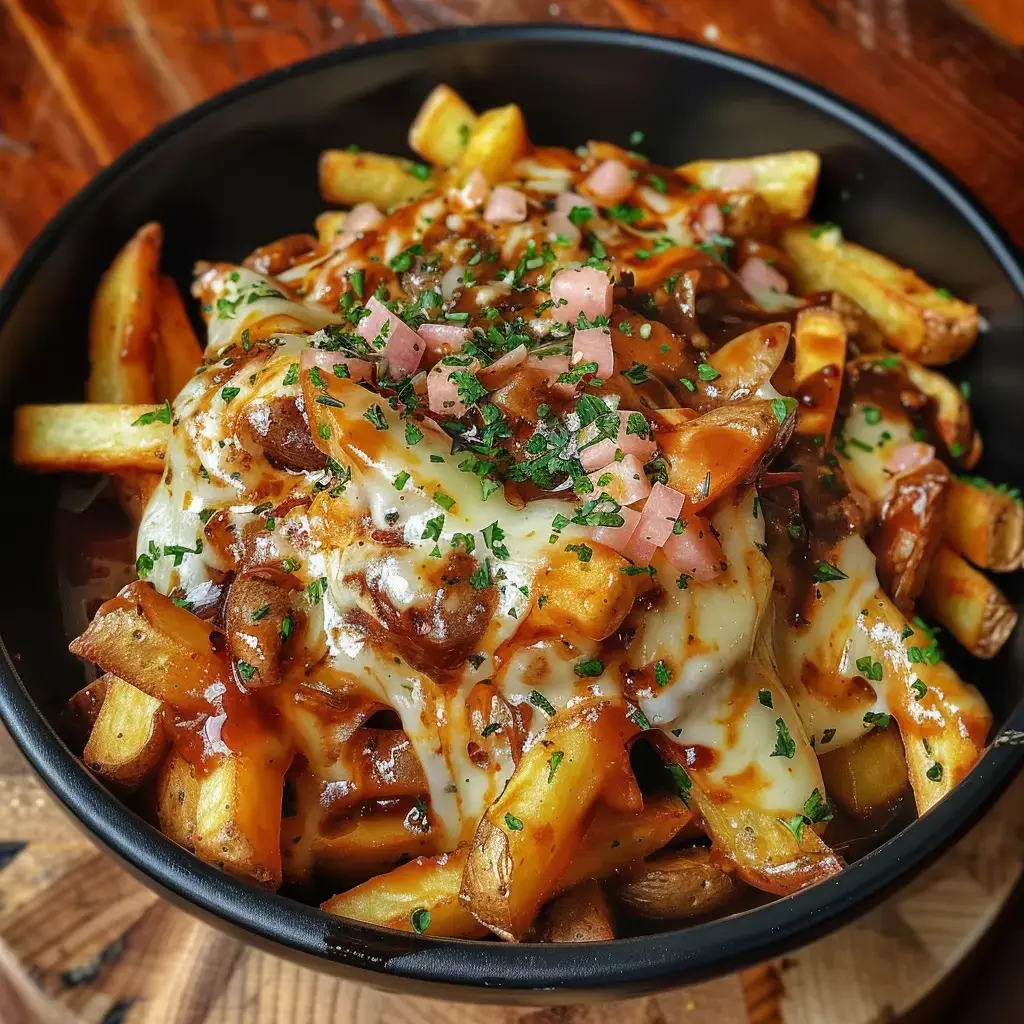 Une assiette de frites nappées de fromage, sauce brune et lardons, avec un peu de persil par dessus.