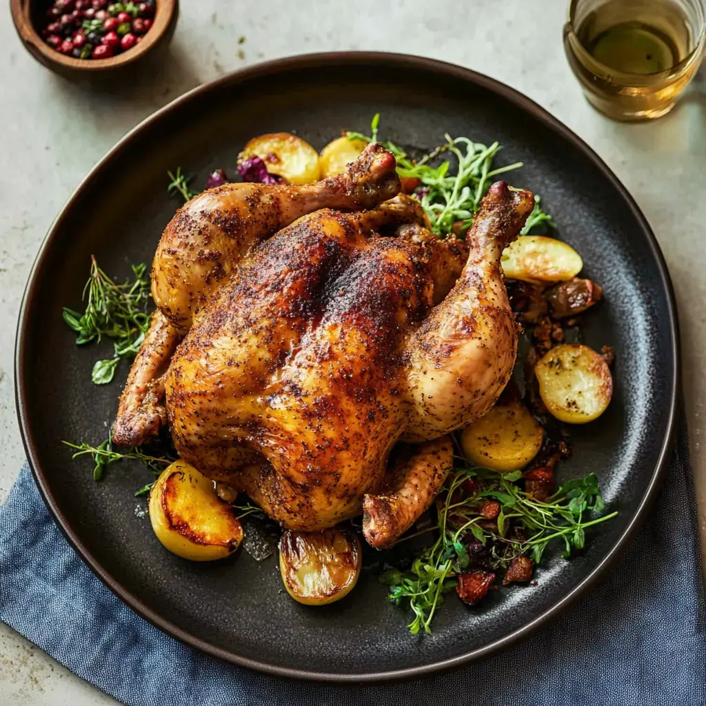 Un poulet doré servi avec des patates rôties et des herbes fraîches sur une assiette noire.