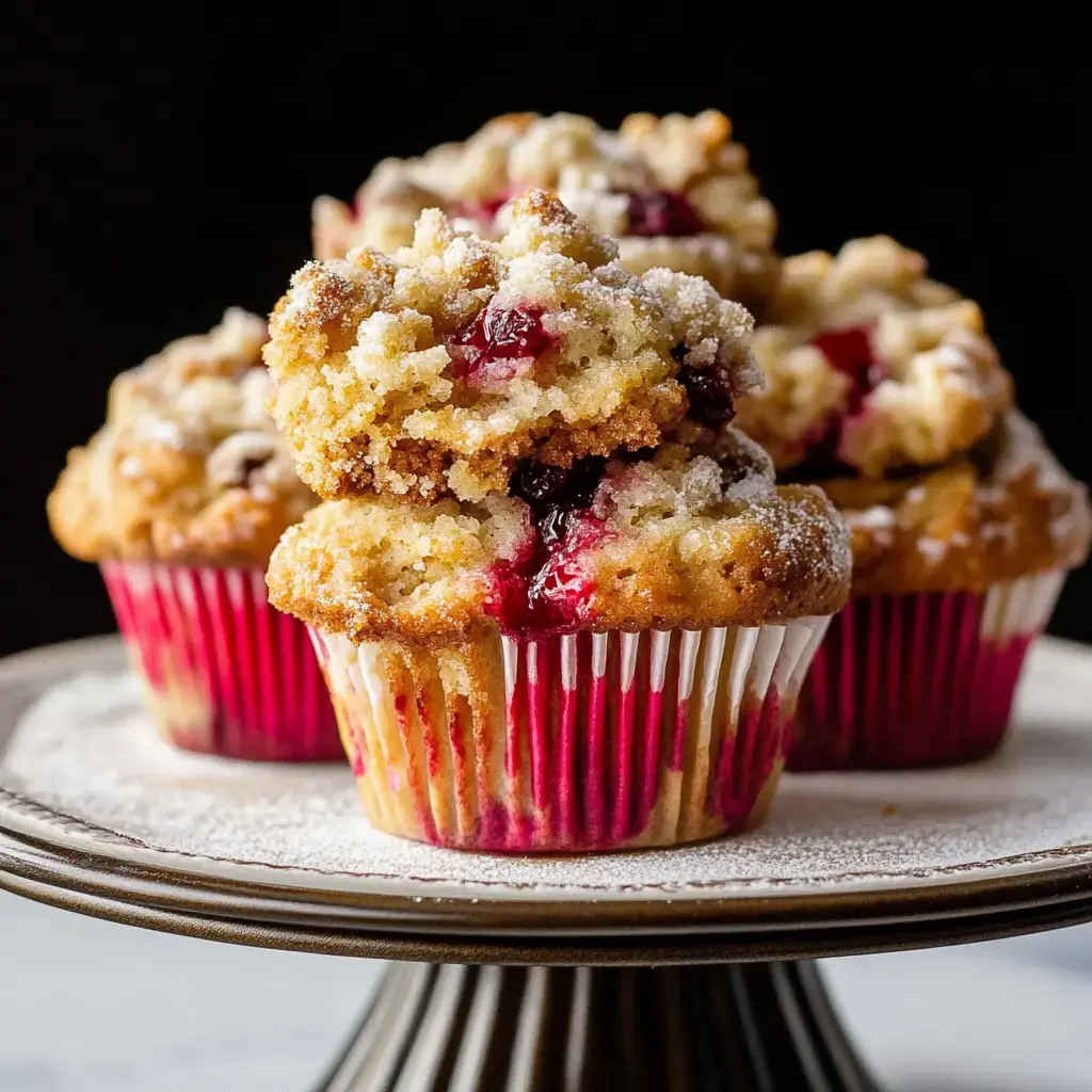 Des petits gâteaux moelleux garnis de fruits rouges et parsemés de sucre sont disposés sur un plateau de service.