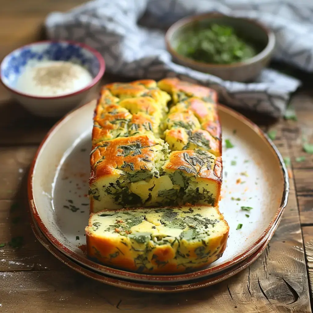 Un gâteau salé aux herbes, tranché, posé sur une assiette avec des accompagnements flous en arrière-plan.