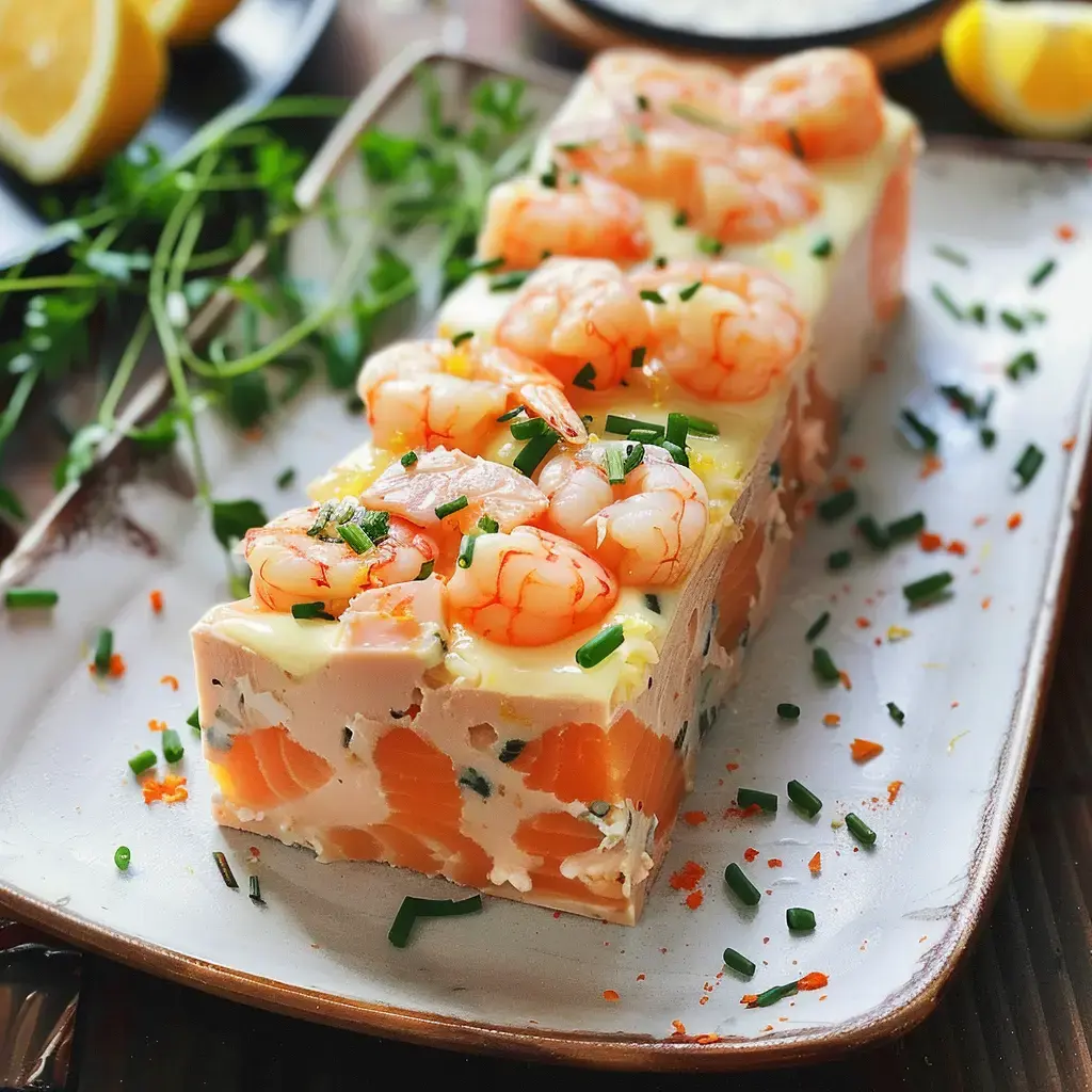 Terrine de la mer aux fruits de mer nobles, décorée de crevettes et d'herbes fraîches