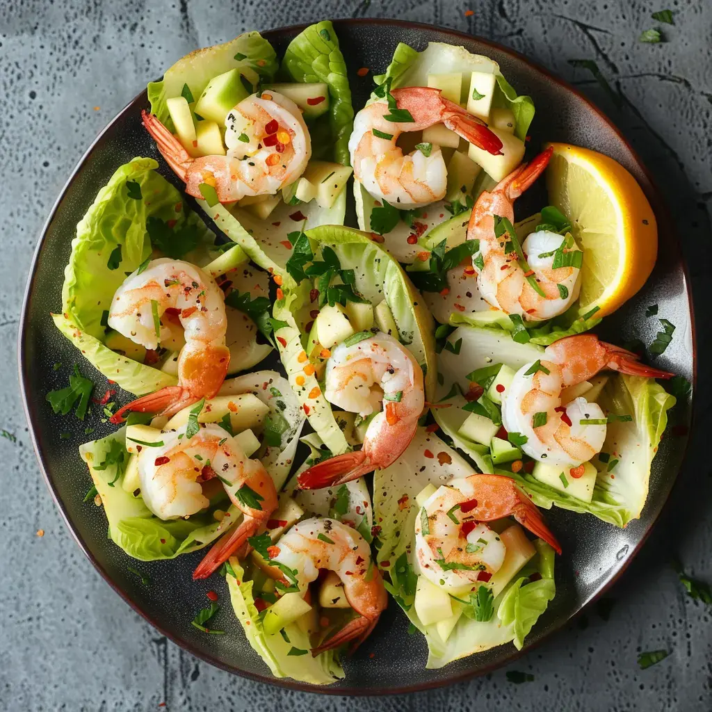 Plateau de crevettes disposées sur des feuilles d'endives avec des morceaux de pomme, parsemées de persil et d'assaisonnement.