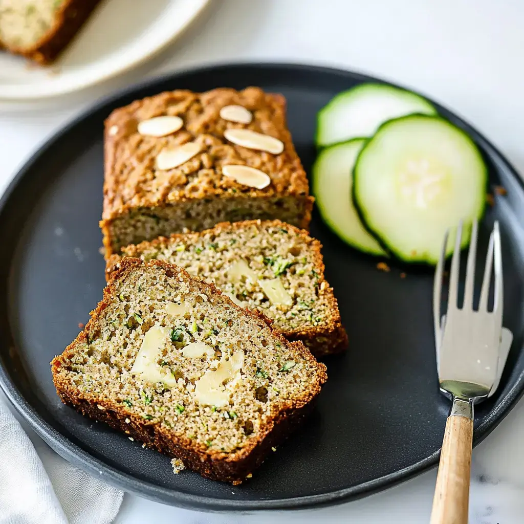 Une tranche de pain aux courgettes beurrée présentée sur une assiette noire, avec des rondelles de concombre à côté.