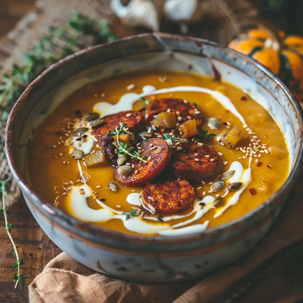 Un bol de velouté orange avec des rondelles de chorizo, des graines et un trait de crème, garni de thym.
