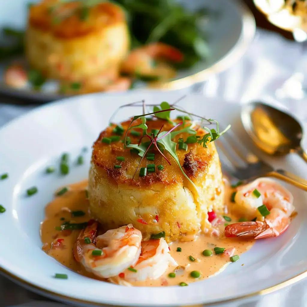 Une assiette raffinée présentant un gâteau au maïs salé surmonté de crevettes et nappé d'une sauce onctueuse.