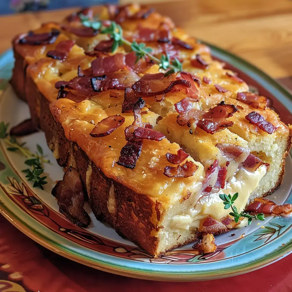 Un gâteau salé au fromage parsemé de morceaux de lardons dorés, présenté sur une assiette colorée.