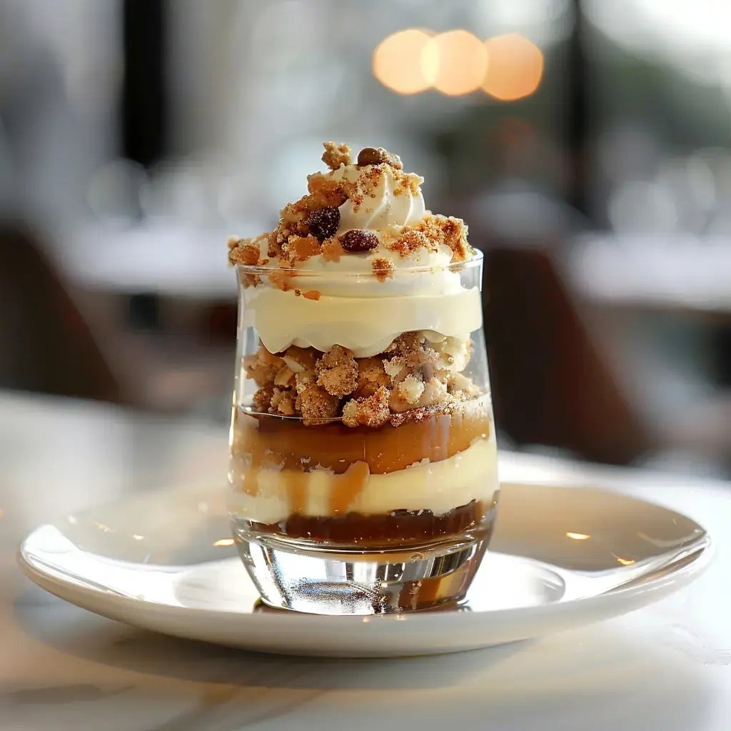 Un dessert présenté dans un verre transparent montrant plusieurs couches : crème, caramel, morceaux de biscuits, surmonté de crème fouettée et de petits morceaux croquants.