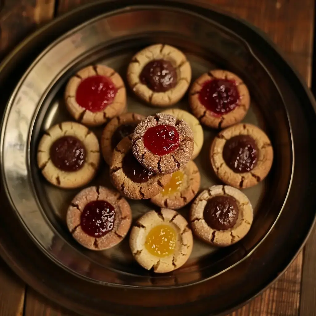 Plateau métallique rempli de biscuits garnis de diverses confitures, joliment arrangés.