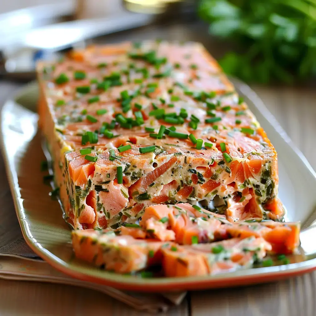 Une assiette avec de la terrine au saumon décorée de brins de ciboulette, quelques tranches servies à côté.