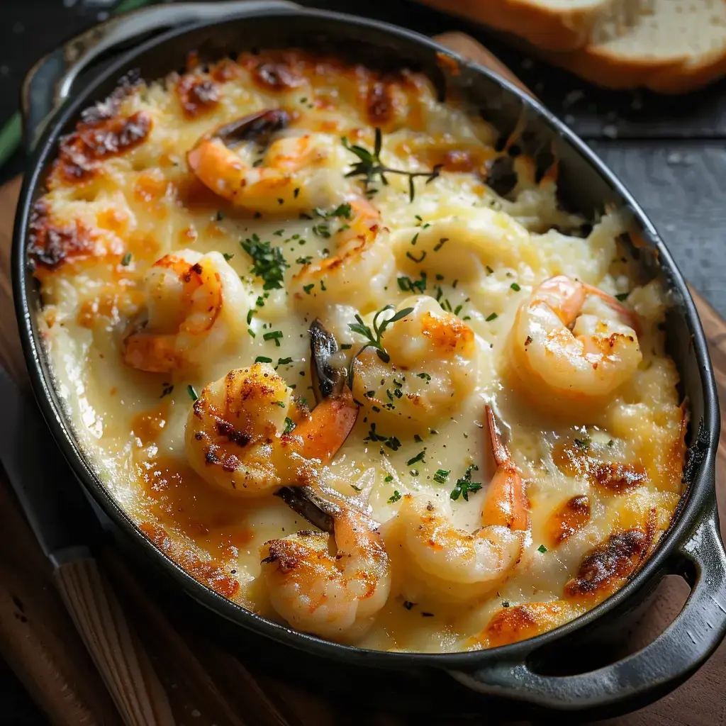 Un délicieux gratin de fruits de mer au fromage fondu, présenté dans un plat noir, décoré de fines herbes fraîches.