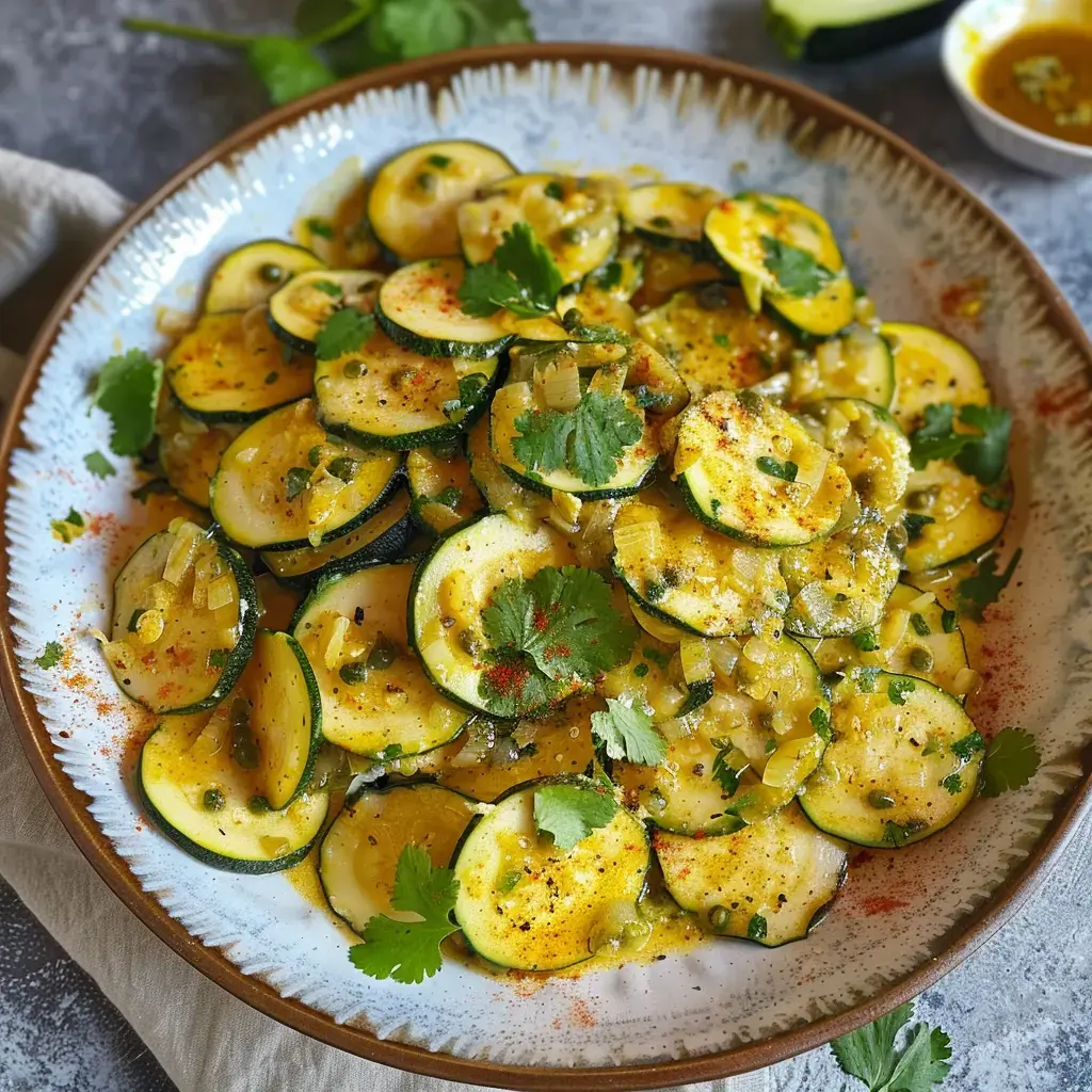 Courgettes en tranches garnies d'herbes fraîches et d'épices, servies dans un grand bol.