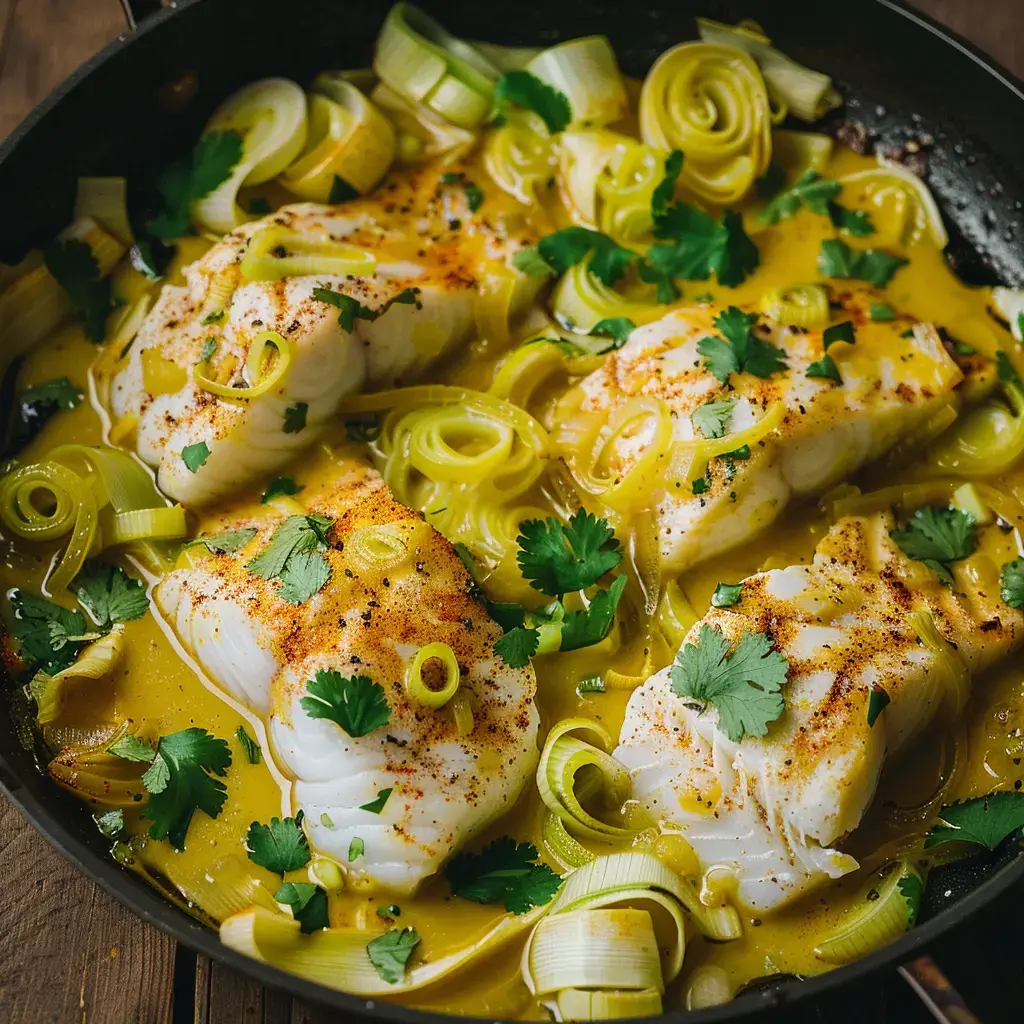 Morceaux de poisson mijotés avec des poireaux et parsemés de coriandre dans une sauce crémeuse jaune aux épices.