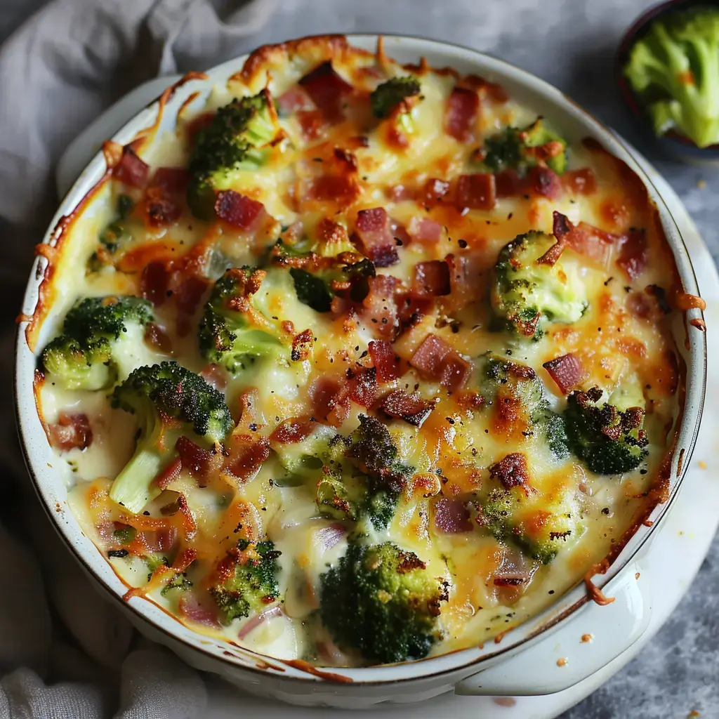 Un délicieux gratin de brocoli au fromage et aux lardons, bien doré et appétissant, présenté dans un plat en terre cuite.