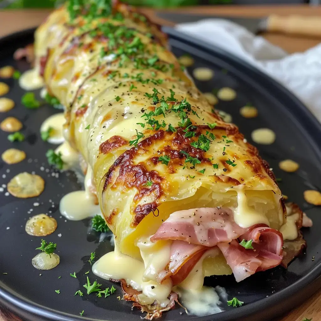 Une assiette de patates roulées farcies au jambon, nappées de fromage fondu et décorées de persil frais.